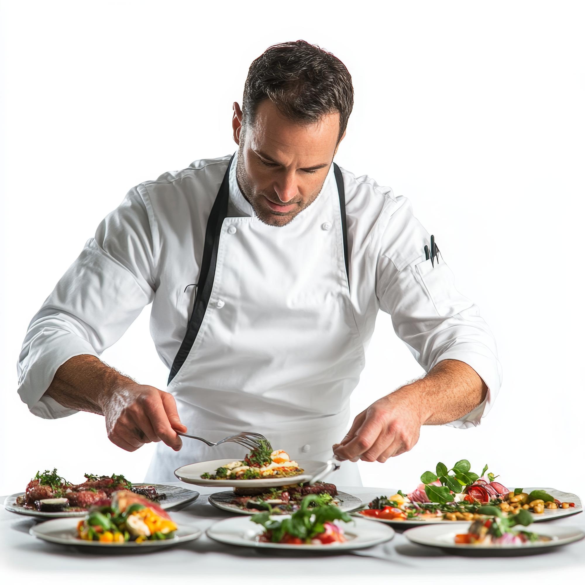 Chef preparing a plated dish in studio