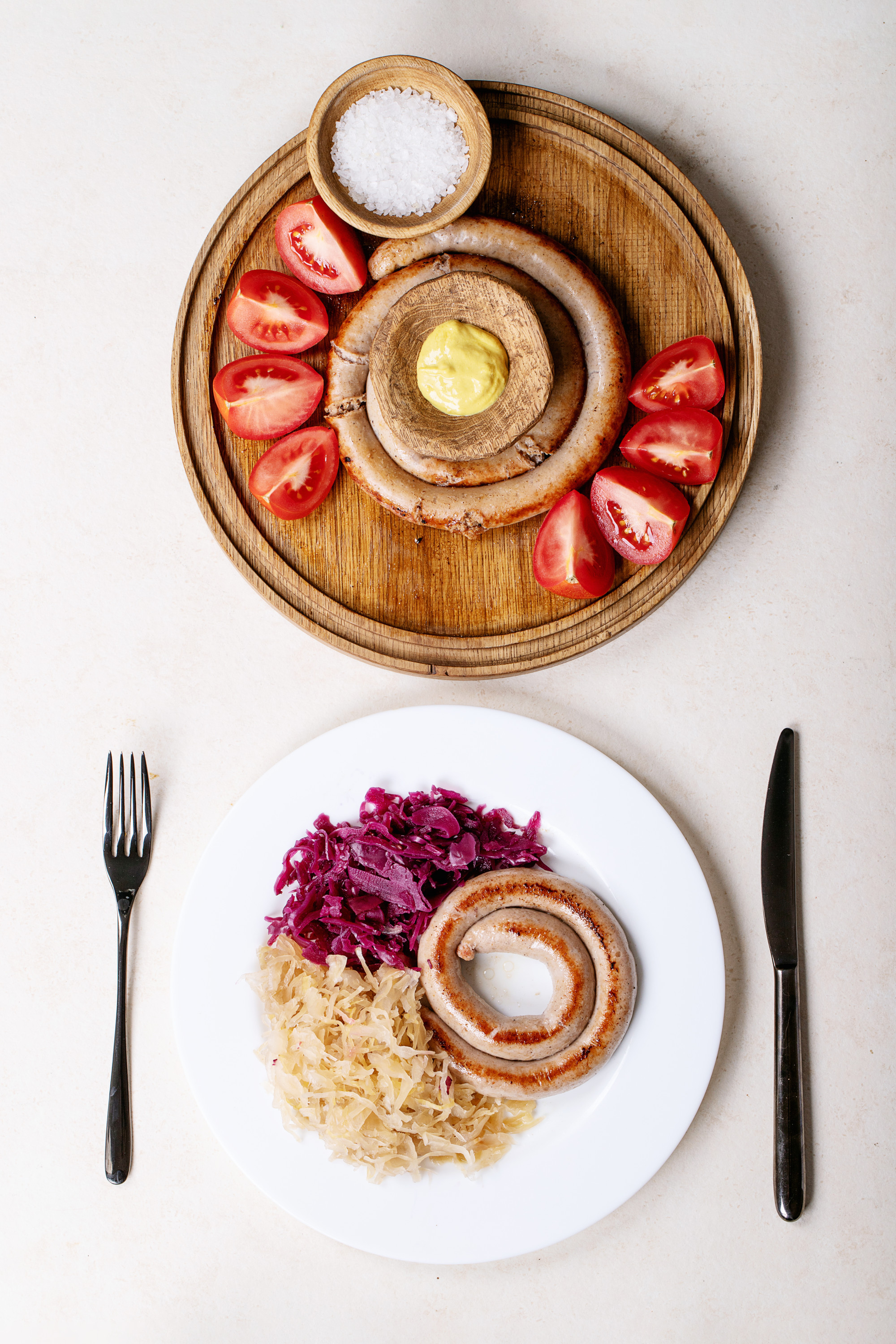 Assorted plated dishes on wooden table